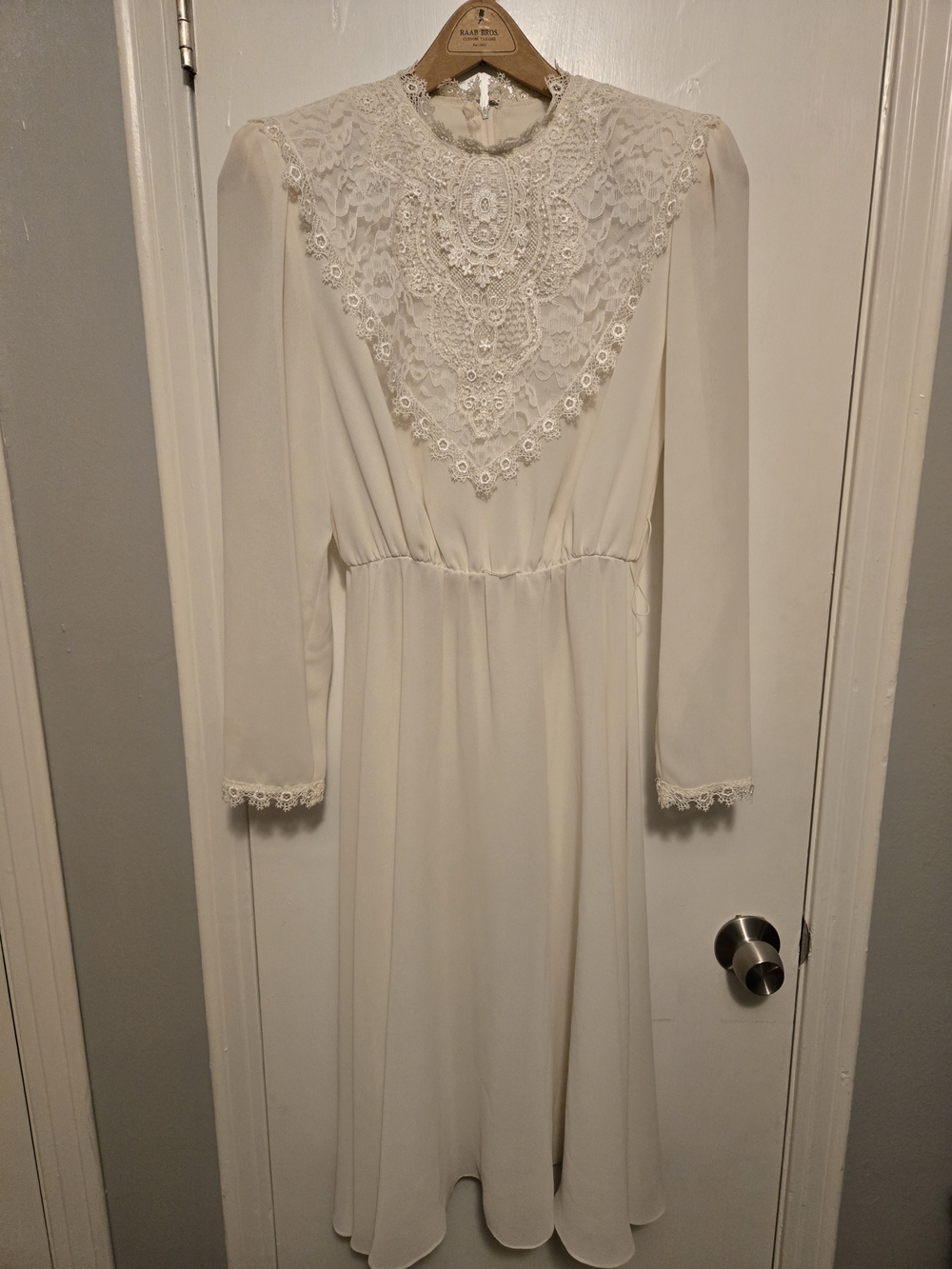 VTG 70s SAMAX NY Lace Bib High Neck Wedding Dress Boho Prairie Chiffon Gown 10